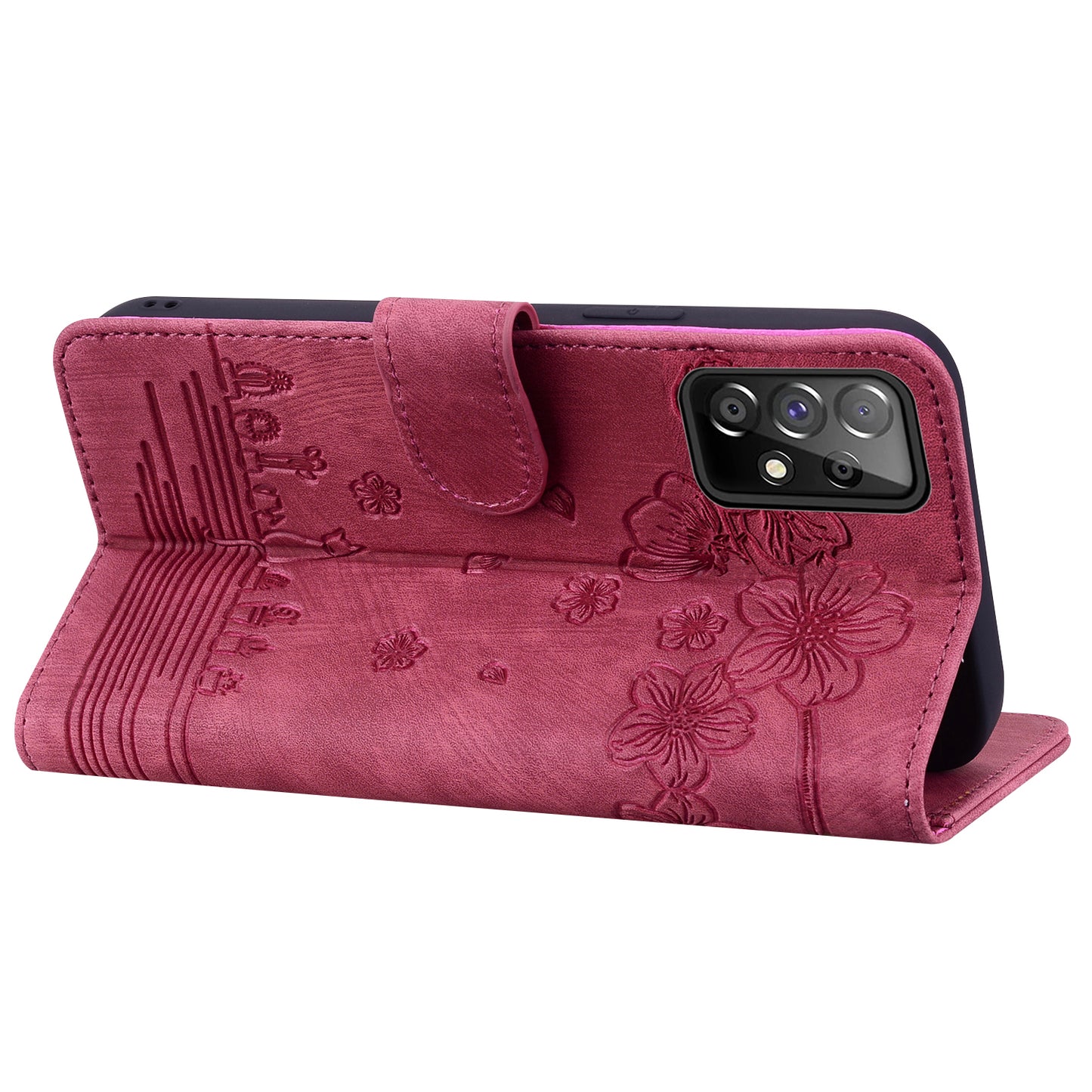 Cat Cherry Blossoms Galaxy A53 Grils Case Retro Leather Embossing Wallet Stand