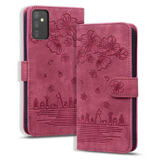Cat Cherry Blossoms Galaxy A54 Grils Case Retro Leather Embossing Wallet Stand
