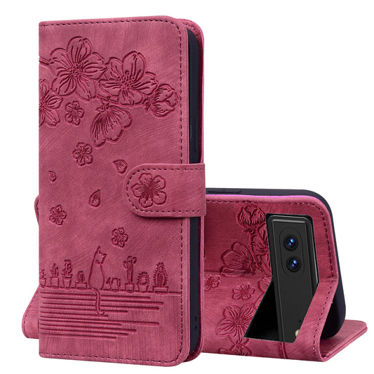 Cat Cherry Blossoms Google Pixel 7 Grils Case Retro Leather Embossing Wallet Stand