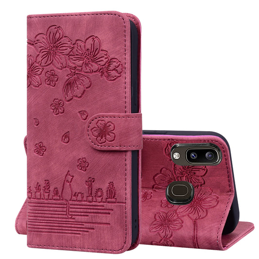 Cat Cherry Blossoms Galaxy A30 Grils Case Retro Leather Embossing Wallet Stand