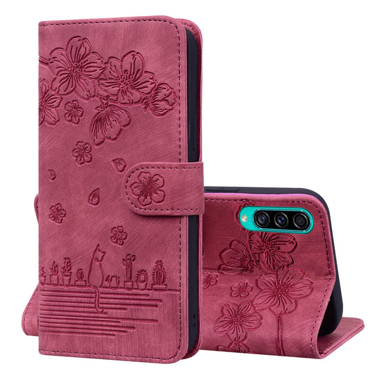 Cat Cherry Blossoms Galaxy A50 Grils Case Retro Leather Embossing Wallet Stand
