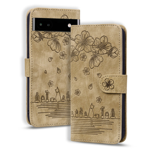 Cat Cherry Blossoms Google Pixel 7A Grils Case Retro Leather Embossing Wallet Stand