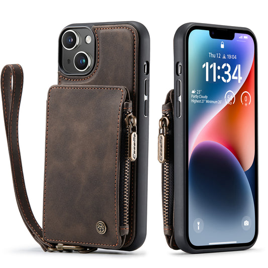 Wrist Strap Anti-theft iPhone 14 Plus Leather Cover Back RFID Blocking Card Holder Zipper