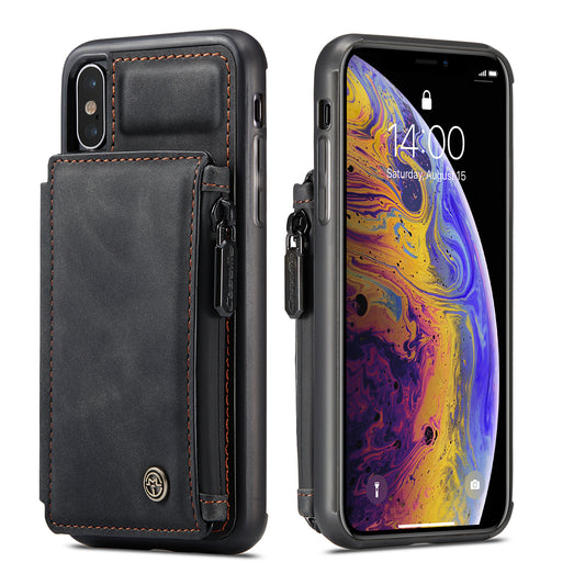 Wrist Strap Anti-theft iPhone Xs Max Leather Cover Back RFID Blocking Card Holder Zipper